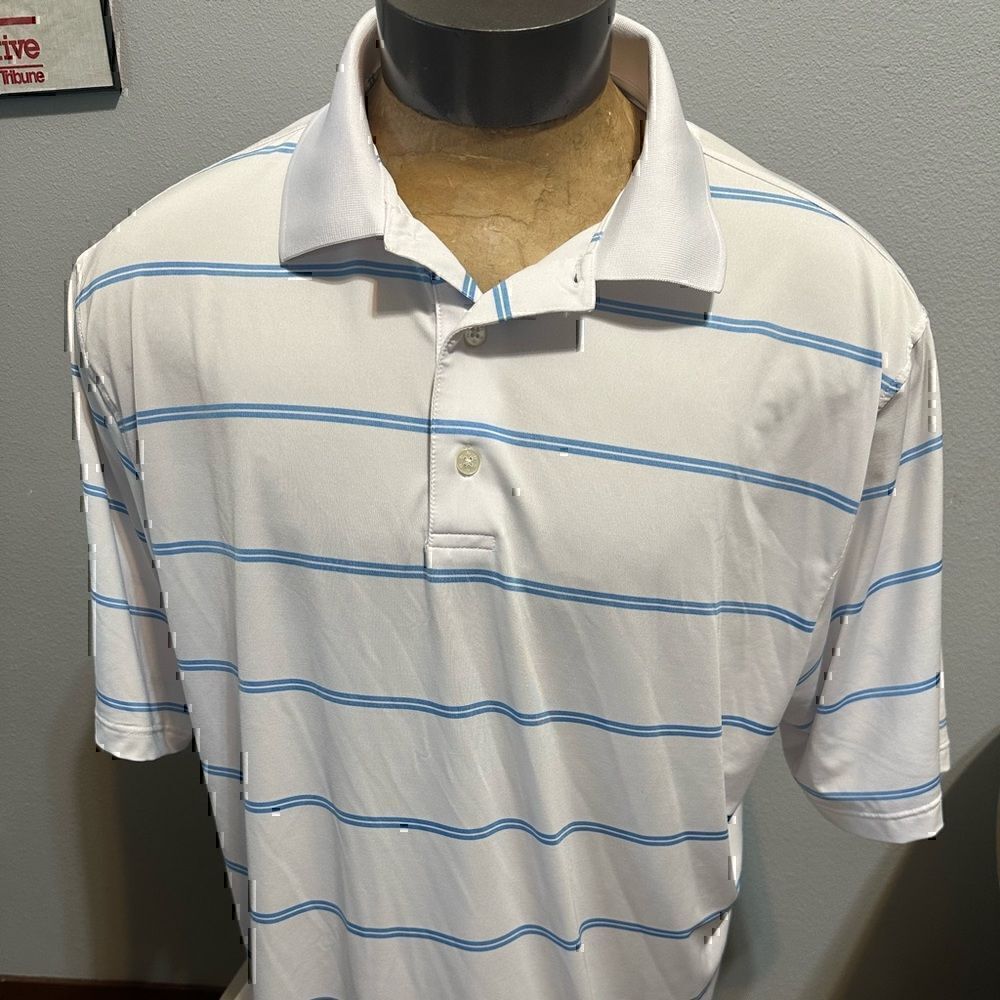 FootJoy Mens XL White/Blue Striped Short Sleeve Polo